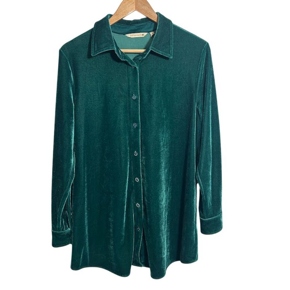 Soft Surroundings Green Velvet Boyfriend Button Down Tunic Shirt S Long Sleeve